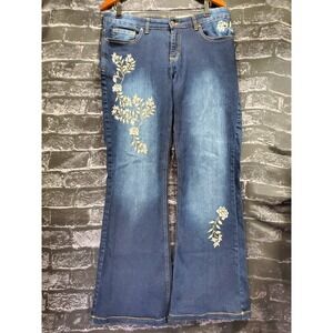 Khaadi Denim Boot Cut Fit Womens W34xL32 Blue Floral Embroidered Stretch Pockets